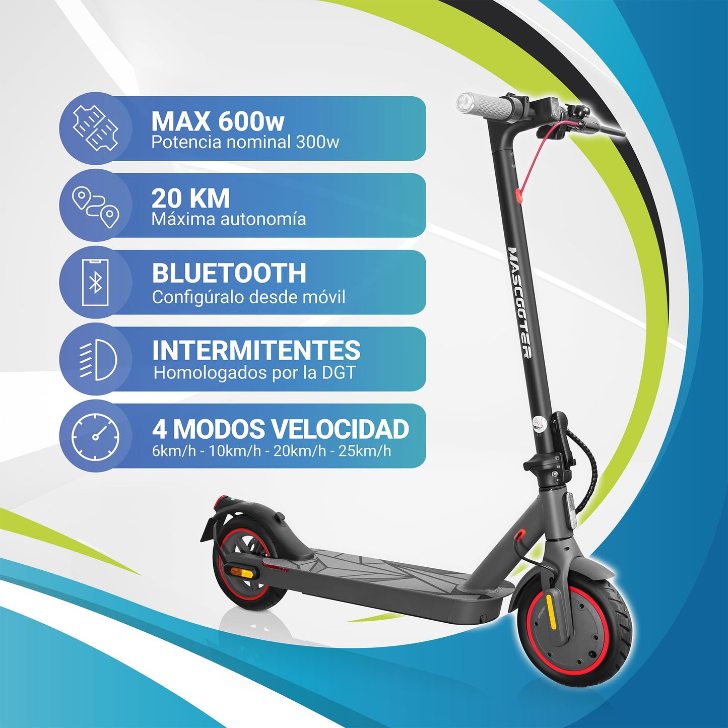 MASCOOTER S1 Patinete Eléctrico Adultos Homologado DGT 600W Max 20 km Autonomía Ruedas 8.5"