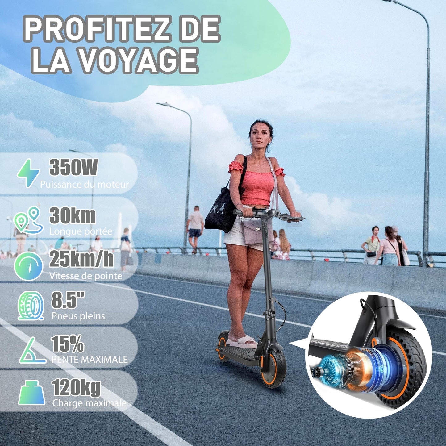 Patinete eléctrico Adulto, Velocidad 25 km/h, autonomía 30 km, neumáticos llenos de 8,5 Pulgadas, Patinete eléctrico Plegable con Motor de 250 W, Doble frenado y Control vía App y Pantalla LED