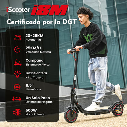 iScooter Patinete Eléctrico Adultos, En Proceso de Certificación DGT, 500W Motor, Autonomía De 20-25 KM, Máxima 25KM/H, Timbre, App, 8.5" Neumáticos, Frenado Doble, Plegable, Carga 120 KG