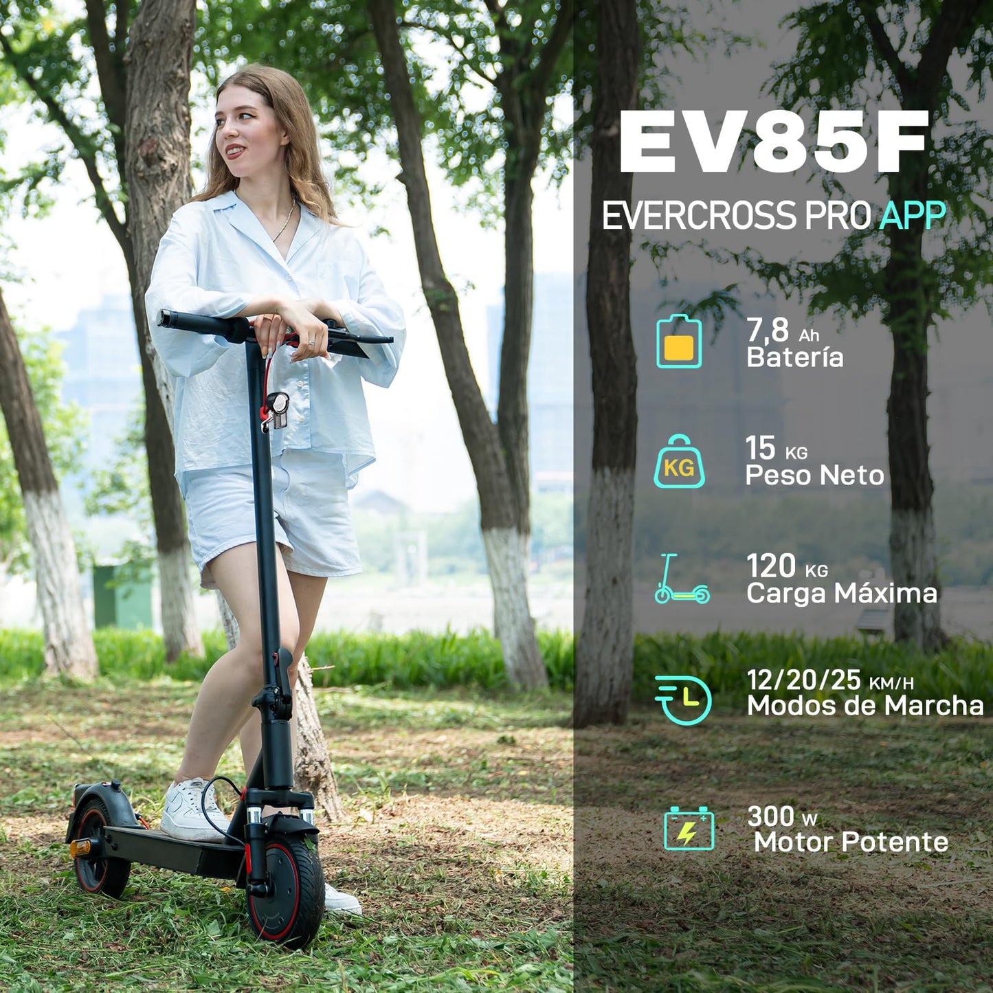 EVERCROSS EV85F Patinete Electrico Certificados DGT, 8,5'' Scooter Eléctrico Plegable para Adultos - 300W, App, Batería 7,8Ah, Peso de 15KG, Carga hasta 120KG, Doble Freno, Amortiguadores Dobles